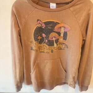 Cozy Brown Mushroom & Butterfly Graphic Sweatshirt